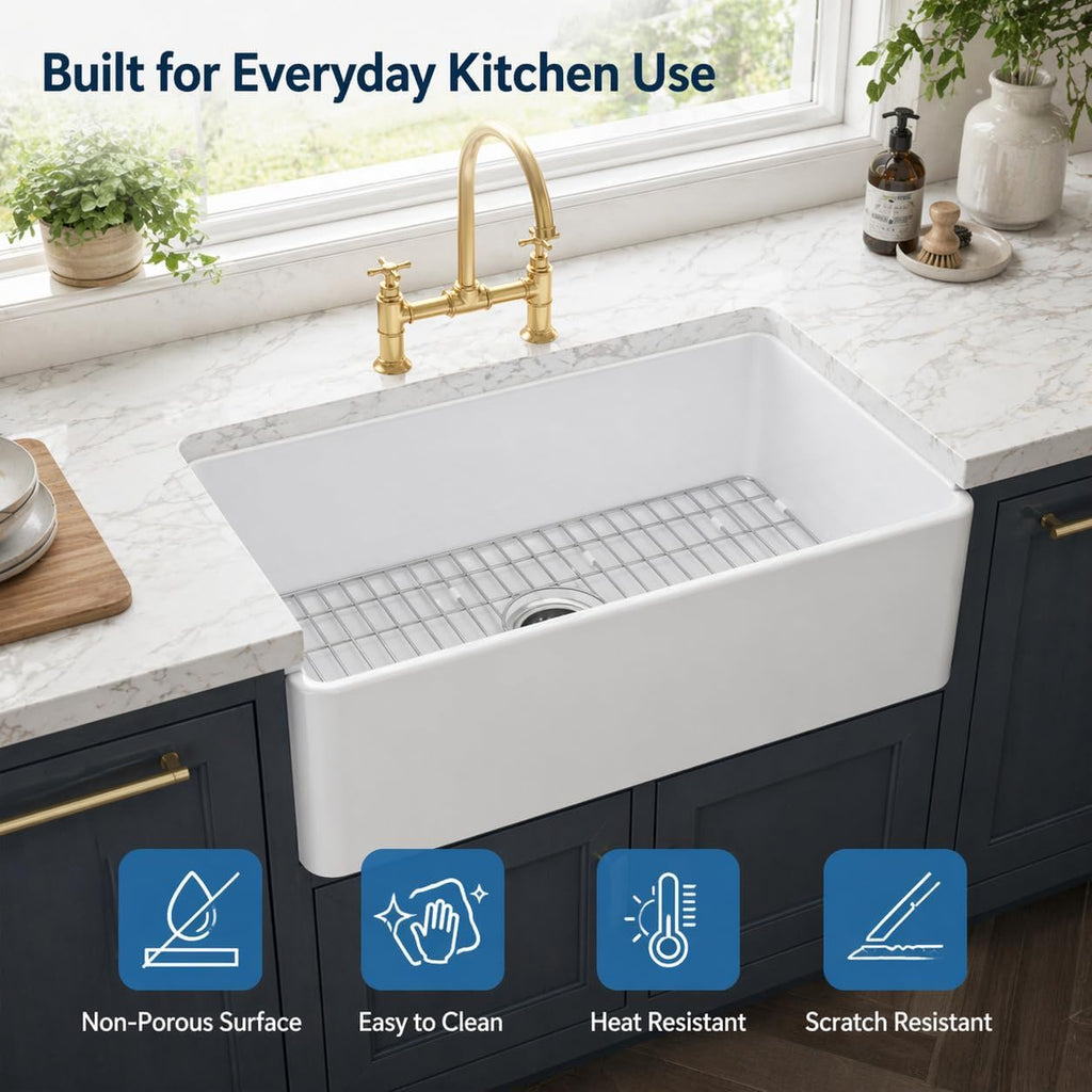 36 x 18 Inch Farmhouse Kitchen Sink, White Fireclay Apron Front Single Bowl Sink, Large Deep Kitchen Sink with 304