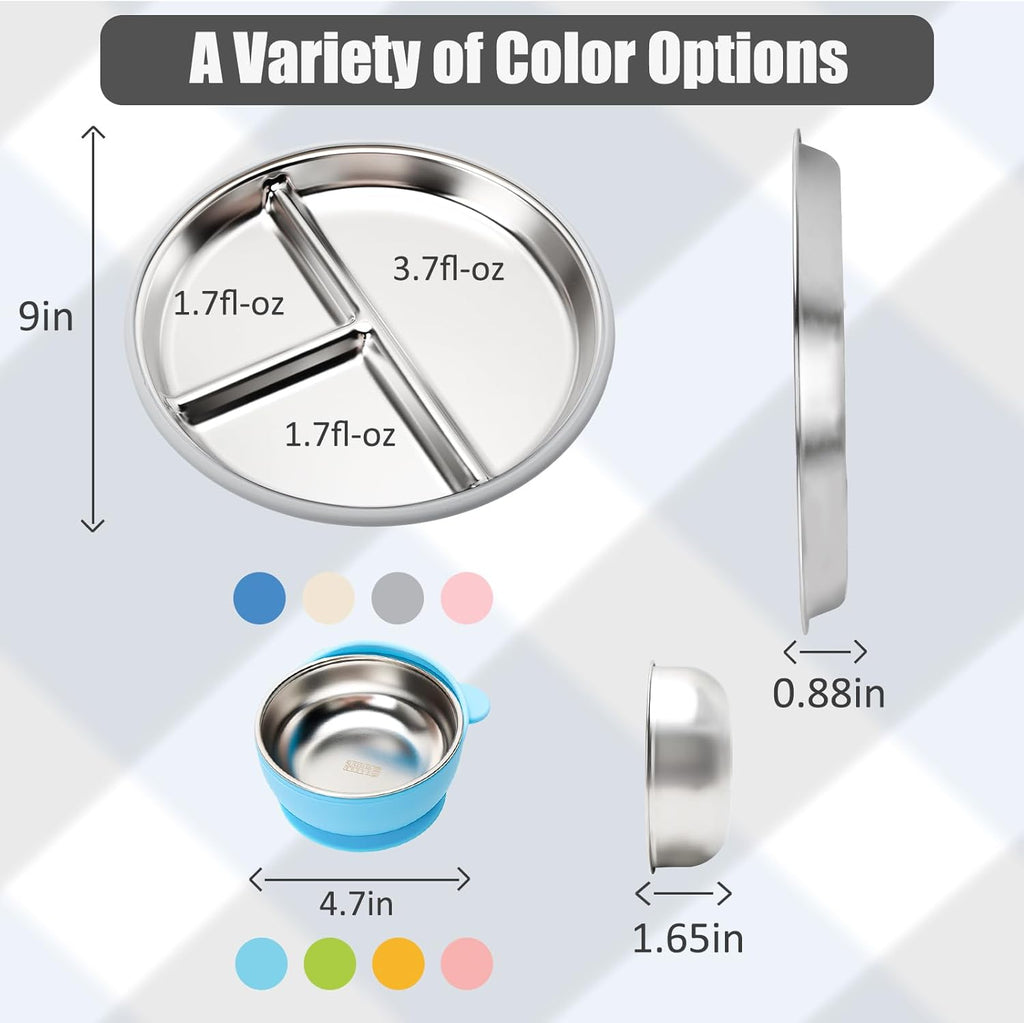 Stainless Steel Baby Plate and Bowls with Suction - 4 Packs