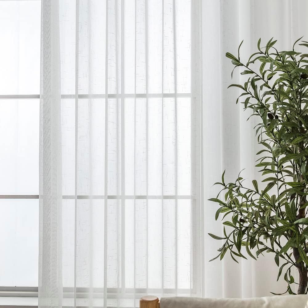 Off White Sheer Curtains 96 Inches Long 2 Panels, Thin Textured Linen Look Ceiling Curtains & Drapes, Rustic See