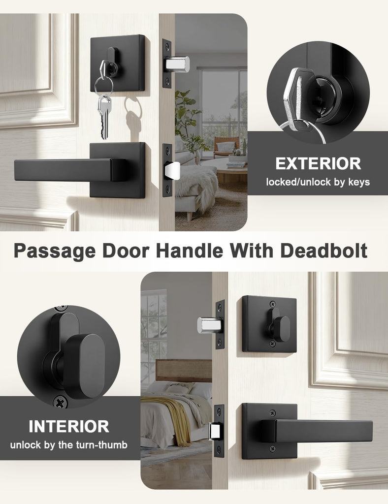 2 Pack Black Passage Door Lever with Single Cylinder Deadbolt, Exterior Square Door Handle with Deadbolt, Modern Door