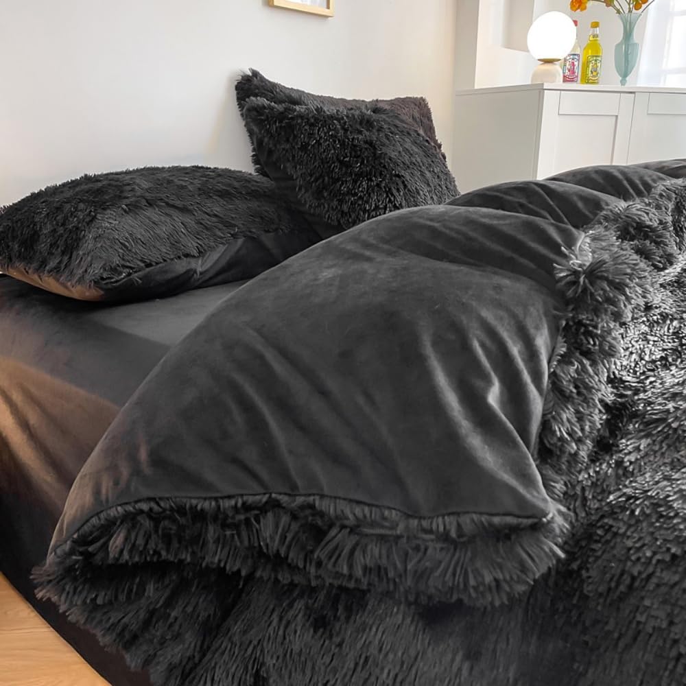Faux Fur Plush Black Comforter Sets King - Ultra Soft Shaggy Flannel Velvet Fluffy Fuzzy 3PC Bedding Set (Comforter x