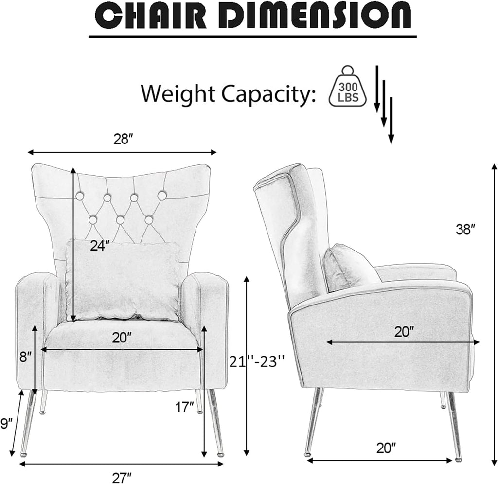 Mid-Century Accent Chairs Set of 2, Wingback Chair with Arm & Gold Legs, Living Room Bedroom Side Chair with Lumbar