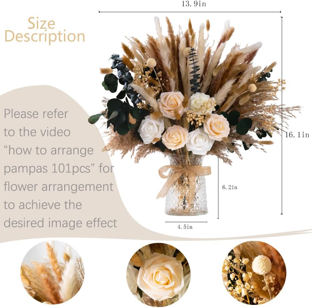Artificial Flowers in Vase Natural Dried Pampas Grass - Set of 101