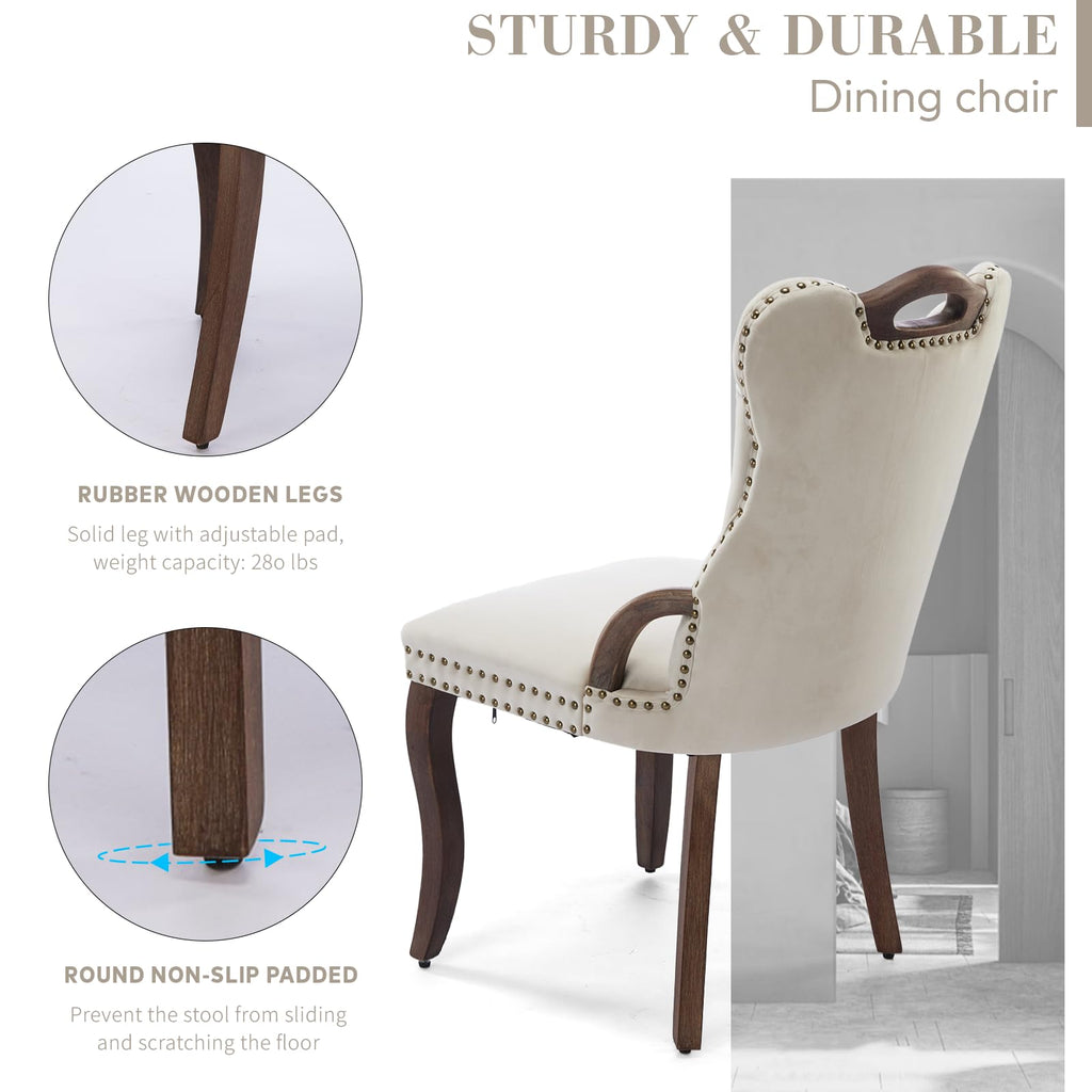 Velvet Dining Chair Set of 2, Solid Wood Handles, Upholstered Tufted Dining Room Chair with Nailhead Trim (Beige)