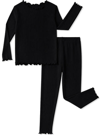 Black Pajamas for Toddler Girls Stretch Ribbed Knit PJ Set