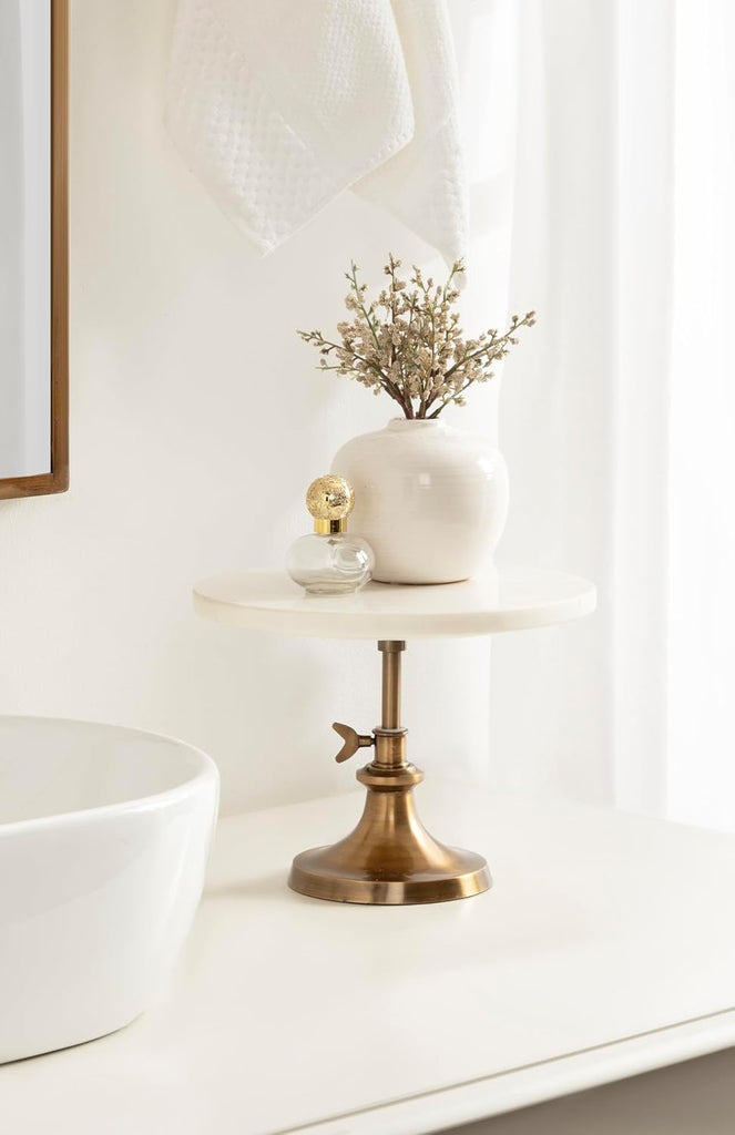 Engles Modern Adjustable-Height Round Marble Cake Stand, 10 Inch Diameter, White and Antique Brass, Marble Pedestal