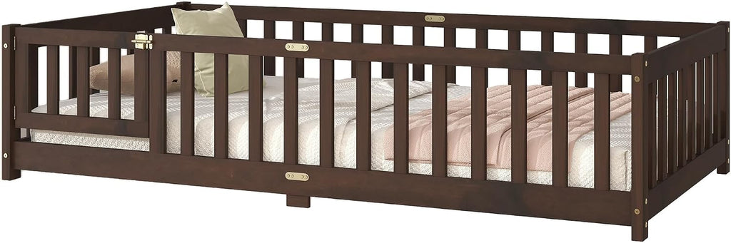 Twin Floor Bed with Fence & Slats, Rubber Wood Montessori Floor Bed Frame with Full-Length Guardrails & Removable