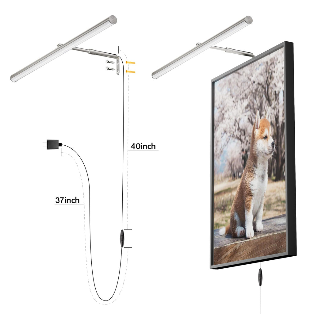 24" Plug in LED Picture Light, 9W Nickel Remote Control Wall Light