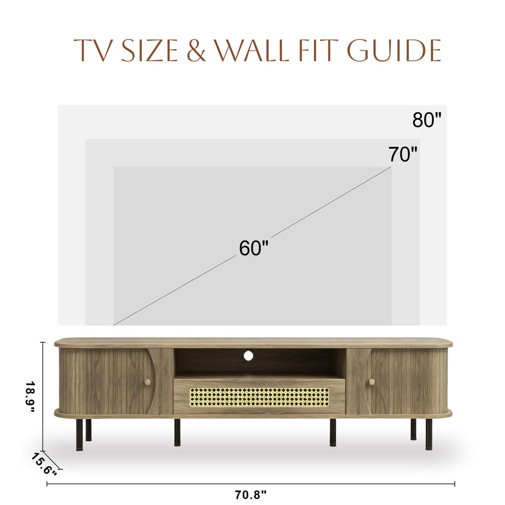 71" Mid Century Modern TV Stand, Wood TV Consoles with Sliding Doors and Rattan Door, Entertainment Center with