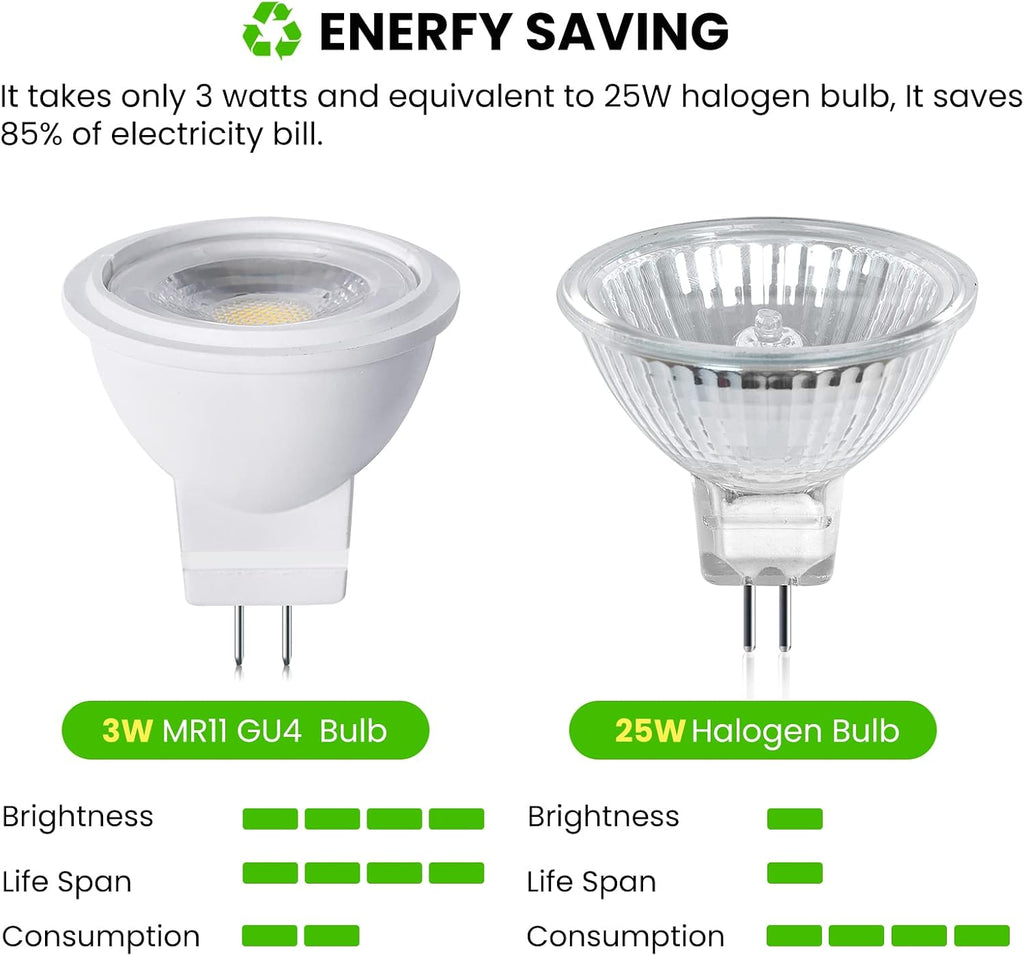 12V MR11 GU4.0 LED Light Bulb 3W G4/GU4/GZ4 Bi-Pin Base LED Spot Light Low Voltage MR11 Landscape Bulbs 25W Halogen