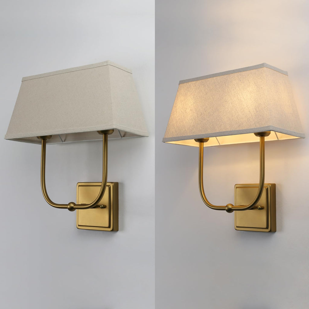 Vintage 2-Lights Wall Sconces with Linen Fabric Lampshade, Double Head Bathroom Vanity Lights Fixture in Antique