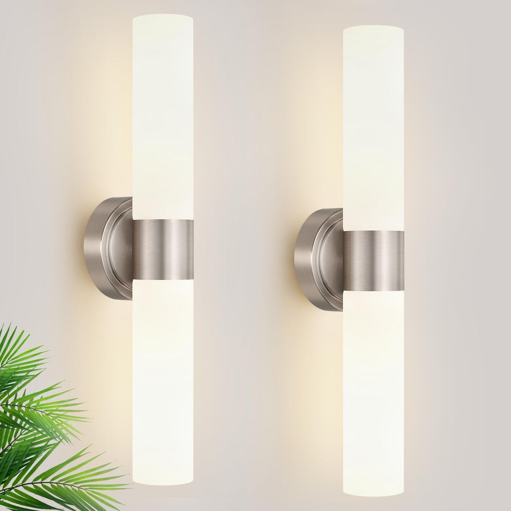 Wall Sconces Set of Two, Modern Bathroom Sconces Wall Lighting with Milky White Glass, Brushed Nickel Sconces Wall