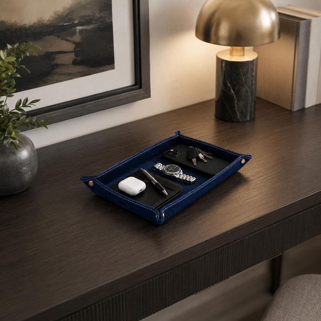 Leather Valet Tray for Men - Double Layer Genuine Leather Catchall EDC Tray for Keys, Wallet, Phone & Watch - Mens