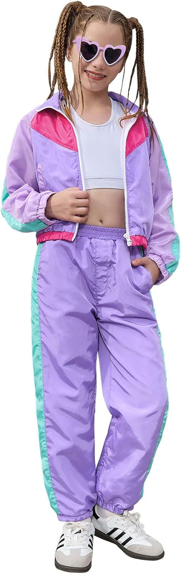 Girls' Clothing Sets 2 Piece 80s 90s Outfits Neon Jacket Pants Hip Hop Dance Outfits for Girls Tracksuit Set
