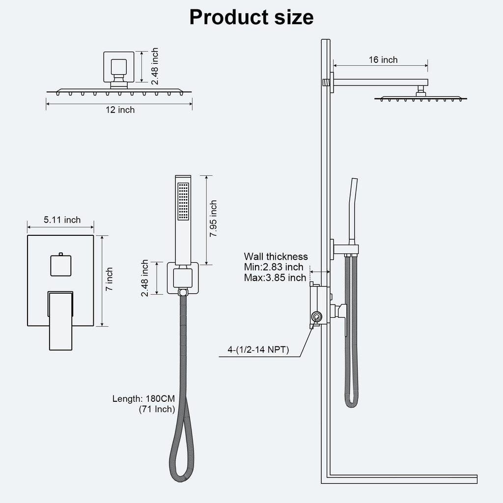Shower Faucet Set with 12 Inch Matte Black Rain Shower Head