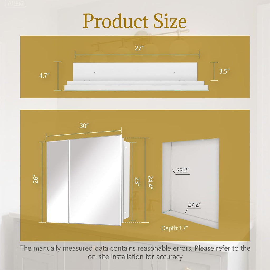Bathroom Medicine Cabinet with 30x26 in Rectangular Beveled Frameless Mirror,Double Door Wall Mounted Mirror Cabinet