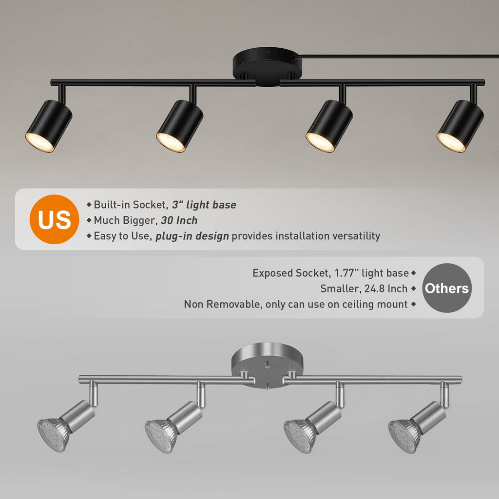 Plug in Track Lighting, LED Track Lighting Fixtures Ceiling, Black 4-Light Kitchen Light Kit, Plug in Wall Light