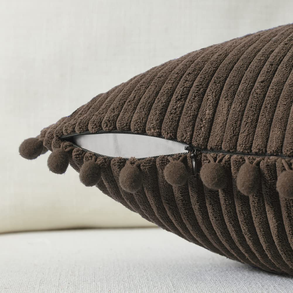2 Pack Dark Brown Lumbar Decorative Throw Pillow Covers 12x20 Inch with Pom-poms for Couch Bedroom, Soft Corduroy