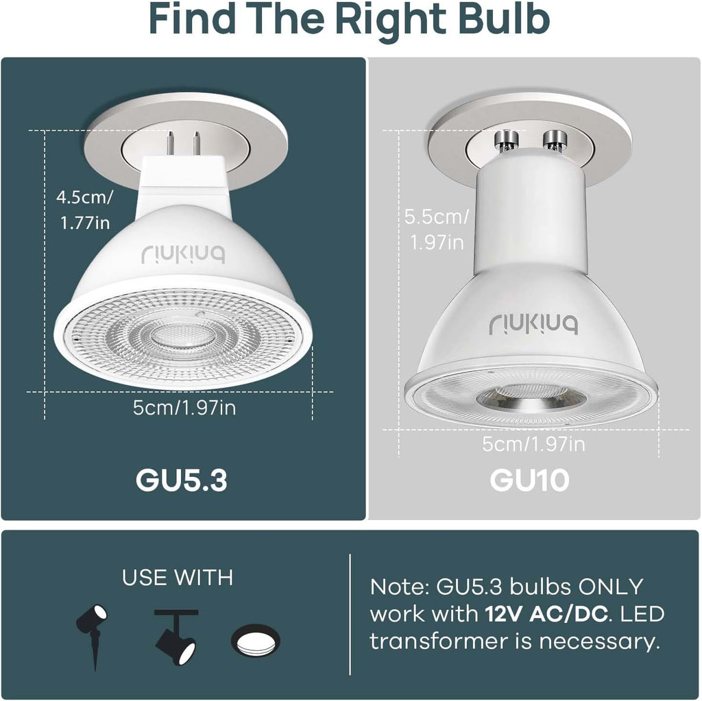 Dimmable MR16 LED Bulbs, 50W Equivalent GU5.3 Bi-Pin Base, 12V Low Voltage 5W 2700K Soft White 500lm 40° Beam Angle