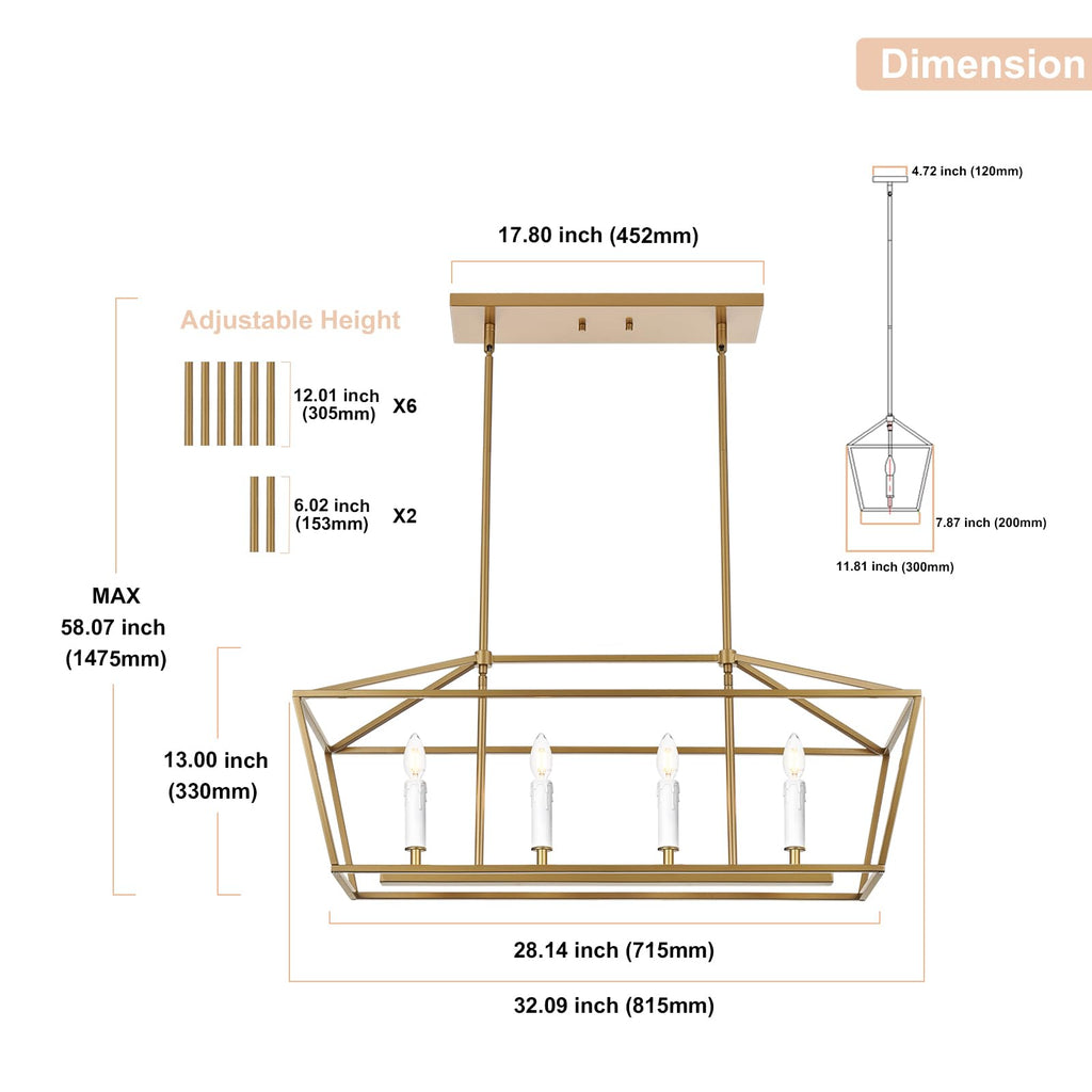4-Light Gold Kitchen Island Lighting Over Table, Modern Lantern Cage Chandelier Pendant Light Fixture with Height