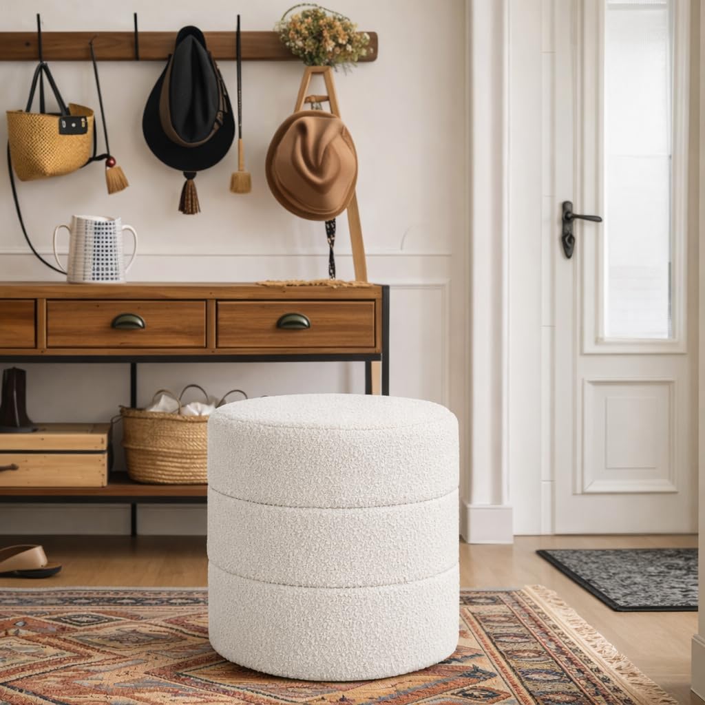18" Round Ottoman - Cream Boucle