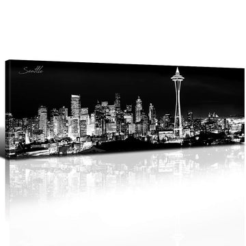 Seattle Skyline Wall Black and White Washington Cityscape Picture Space Needle Panoramic Artwork Urban Building
