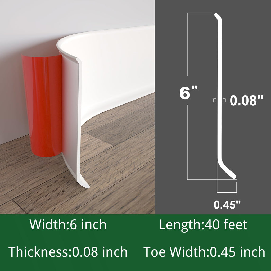 Peel and Stick Rubber Baseboard Molding, 6 Inch x 40 Feet, White