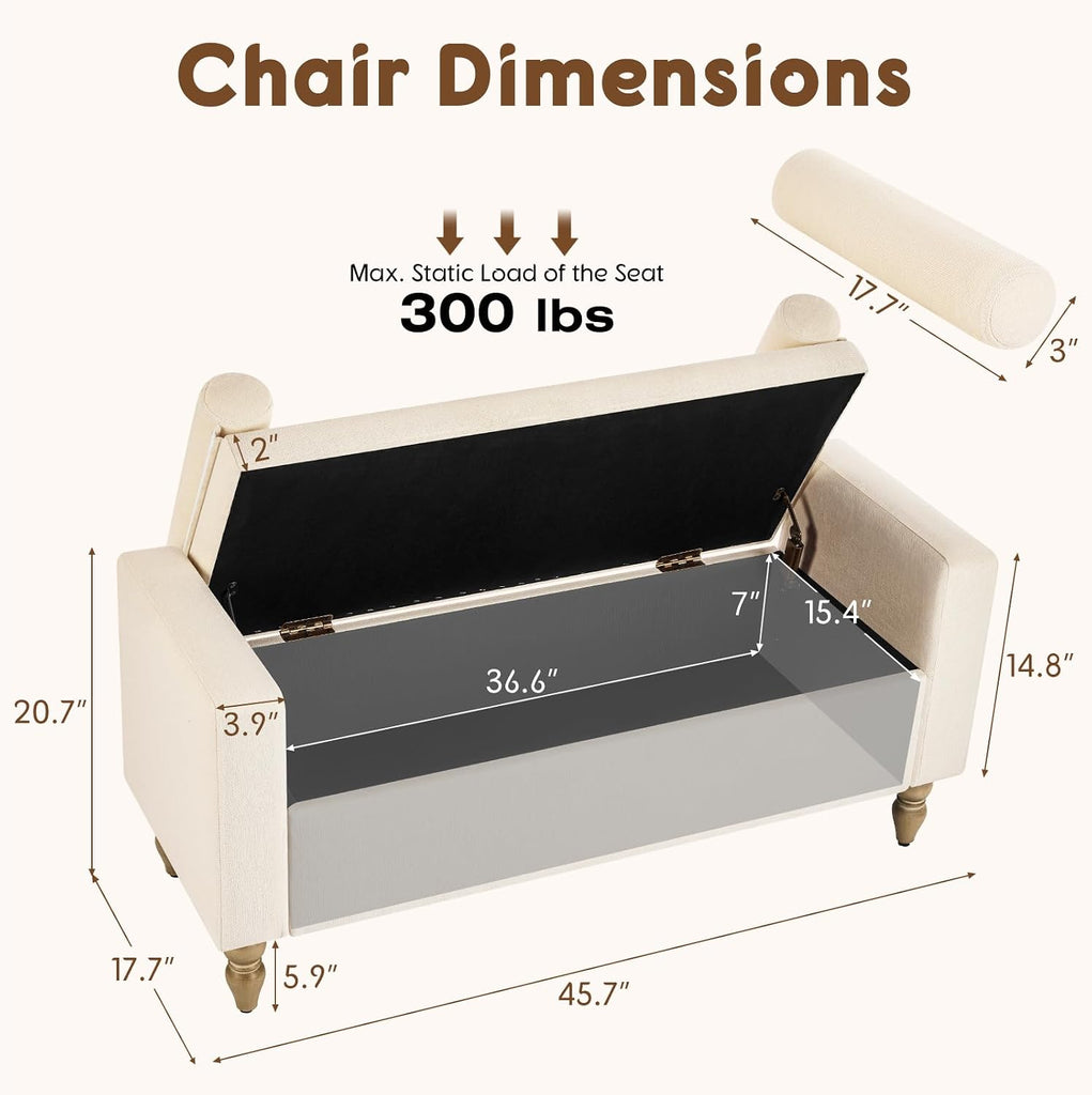 Large Storage Ottoman Bench, 45.7" Linen Upholstered Entryway Bench with Solid Wood Legs, End of Bed Bench, Shoe