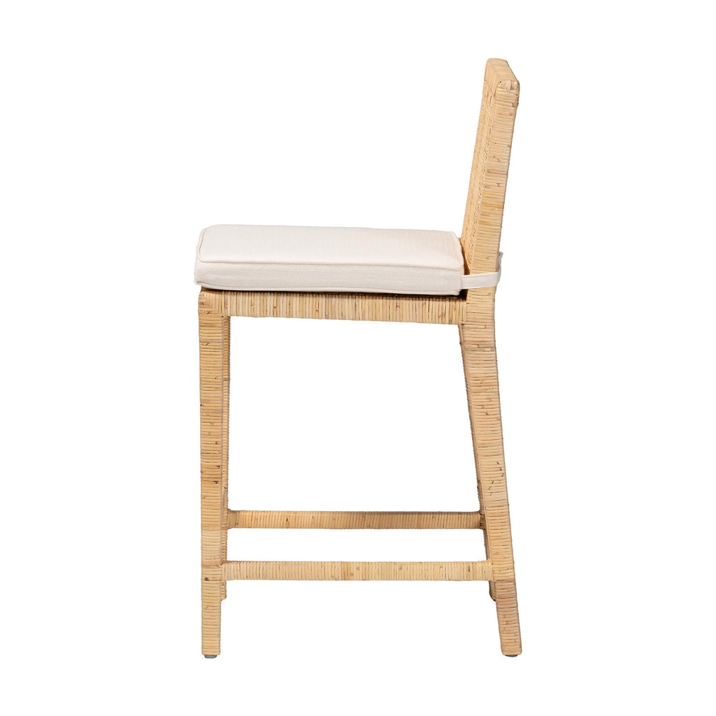 Sofia Rattan Counter Stool with Mahogany Wood Frame - Handwoven Wicker Counter Chair with Removable Cushion, Light