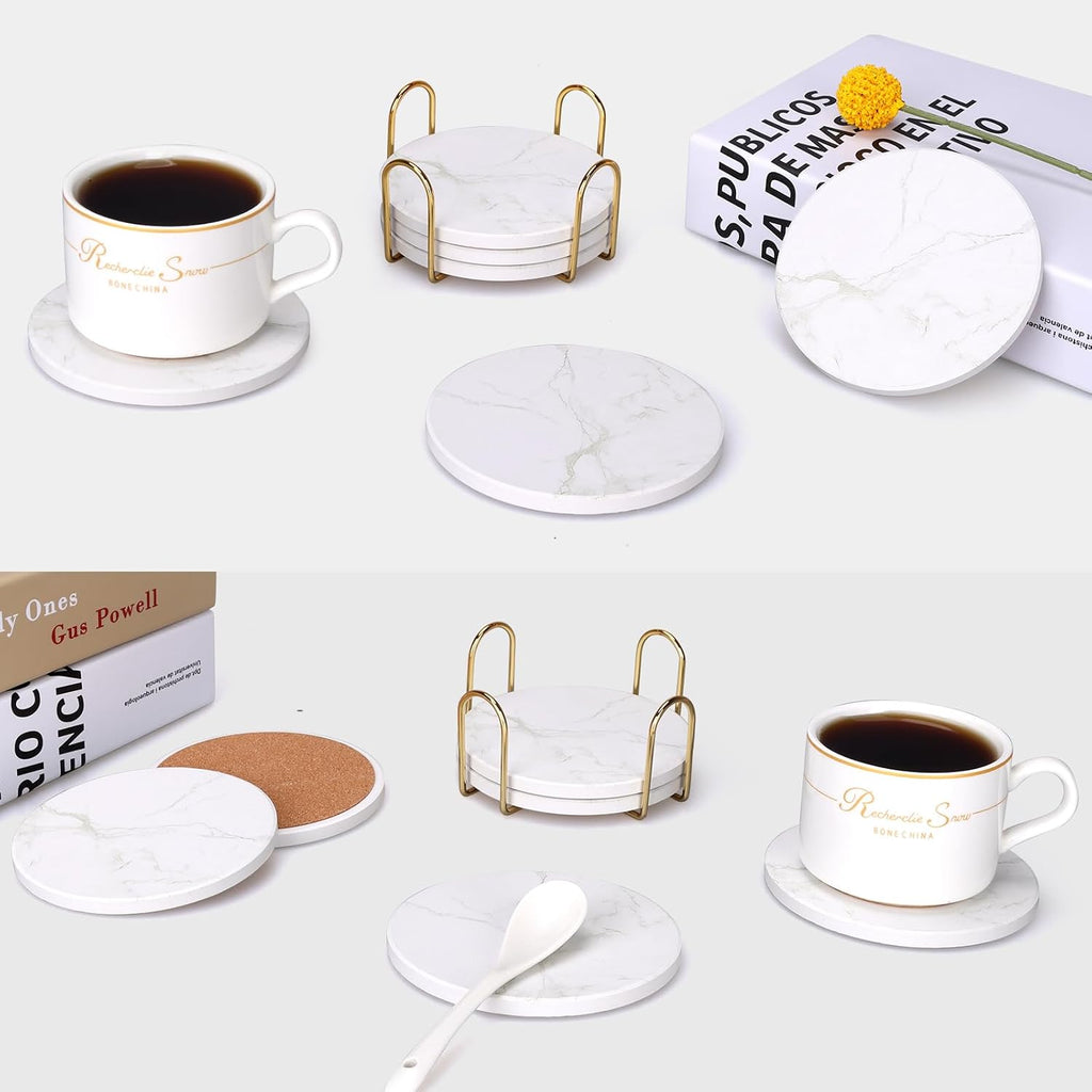 Coasters White Marble Style Ceramic Drink Coasters with Holde Coffee Table Decor Drinks Absorbent Stone - Set of 6