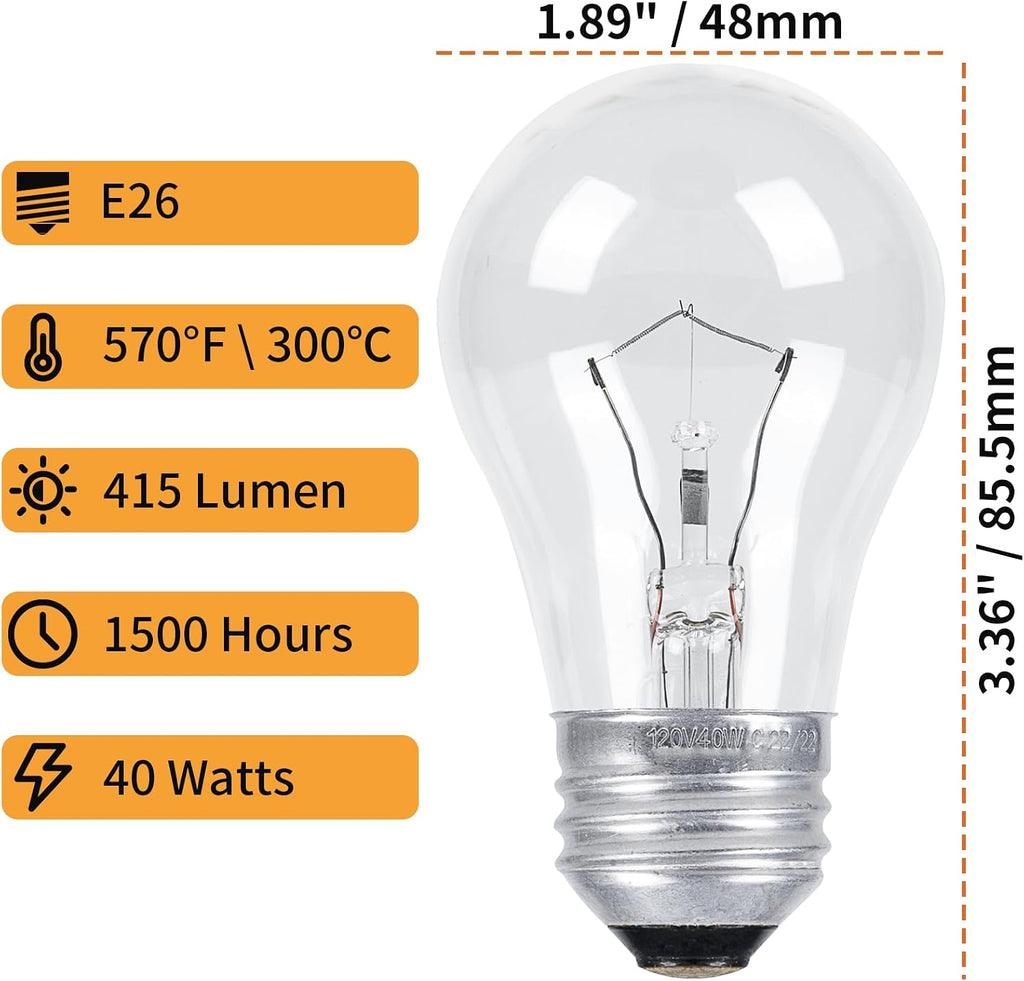 Oven Light Bulbs 40 Watts Appliance Bulb, E26 A15 120V High Heat Bulbs for Stove Hood, Refrigerator
