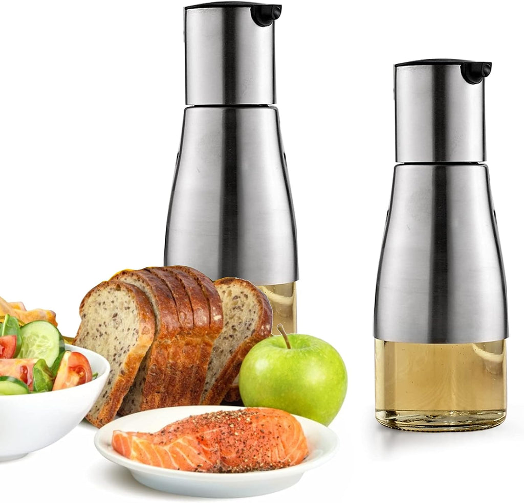Silver Olive Oil and Vinegar Dispenser Set, 10OZ Oil Dispenser Cruet with Easy & Drip Free Pouring, Elegant - Set of 2