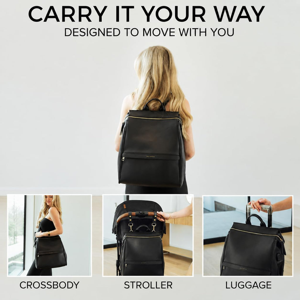 Leather Diaper Bag Backpack with USB Charging port, Changing Pad, Stroller Straps, and Bottle Holder (Black Sophia)