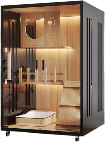 Black Cat House with Tempered Glass Door - Multi-Level Wooden Cattery Cage with Lockable Wheels, Easy to Move
