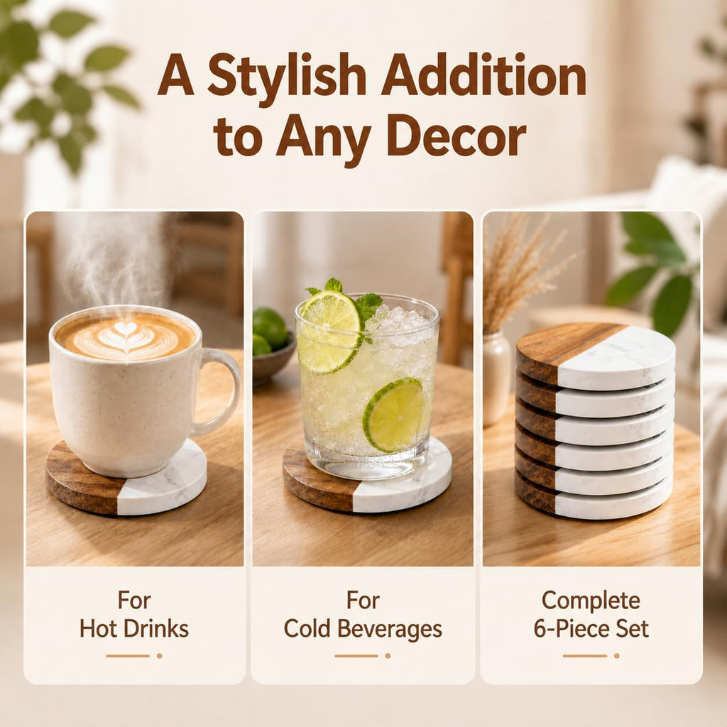 Packs Marble Wood Coasters, Round Coaster, Handcrafted Artificial Marble Coasters Set for Your Drinks - Set of 6