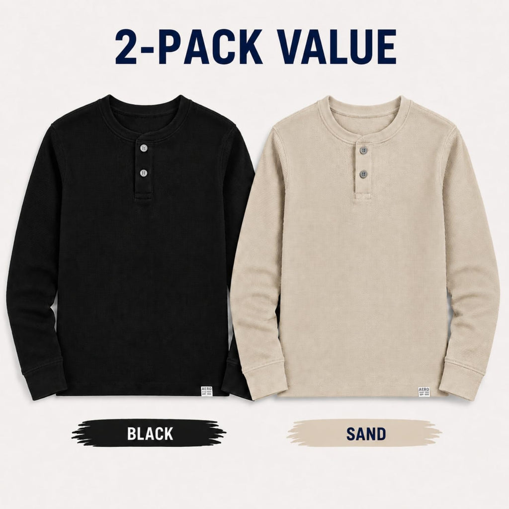Boys Pack Thermal Long Sleeve Shirts Cotton Waffle Henley