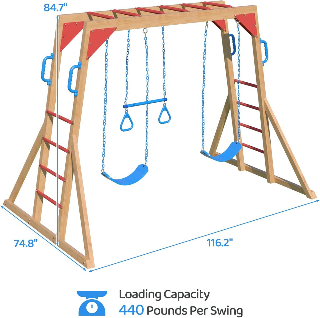 Wooden Swing Sets for Backyard with Monkey Bar, Outdoor Playset for Kids with Trapeze Swing Bar and 2 Belt Swings