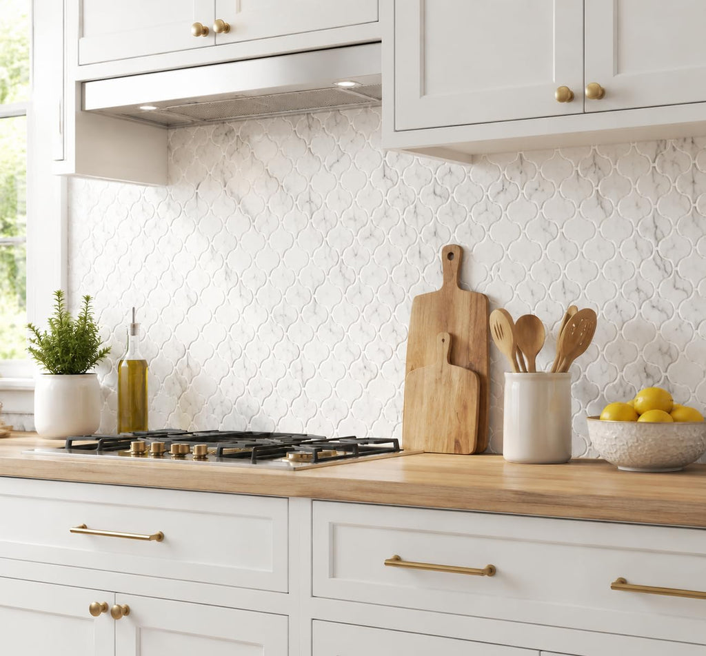 White Arabesque Glass Mosaic Tile, Carrara Marble Look Lantern Pattern, Matte Finish Backsplash Tile, Shower Wall &