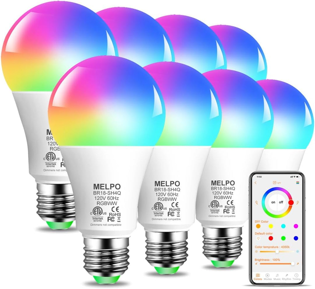 Smart RGB Light Bulbs Work with Alexa, 12W(130W Equivalent), 2700K-6000K，A19 E26 Bluetooth Color Changing Light Bulb