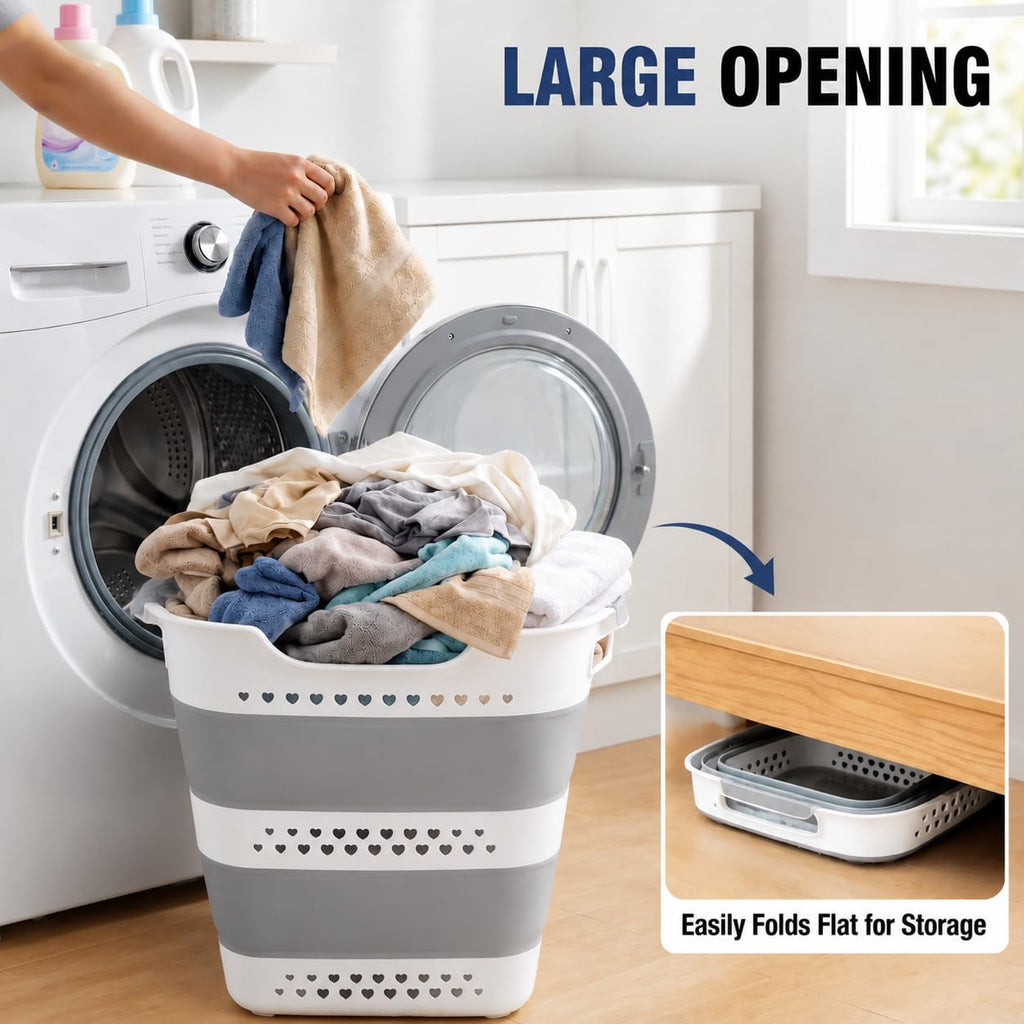 2Pcs 42L Collapsible Laundry Basket with Handle Foldable Laundry Hamper (Gery 17 Inch * 15 Inch * 14 Inch) Pop Up