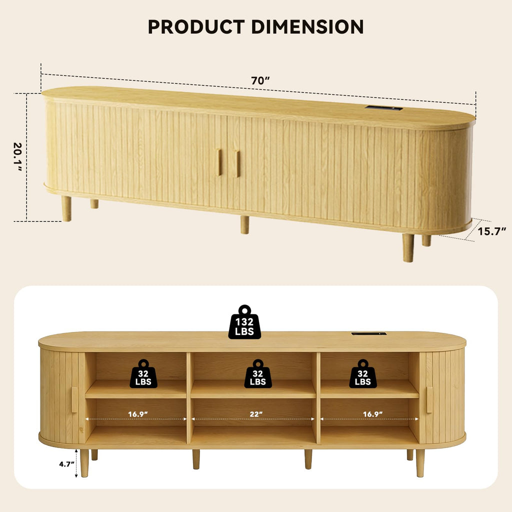 70" Mid Century Modern TV Stand with Power Outlet, Fluted Entertainment Center with Storage and Adjustable Shelves