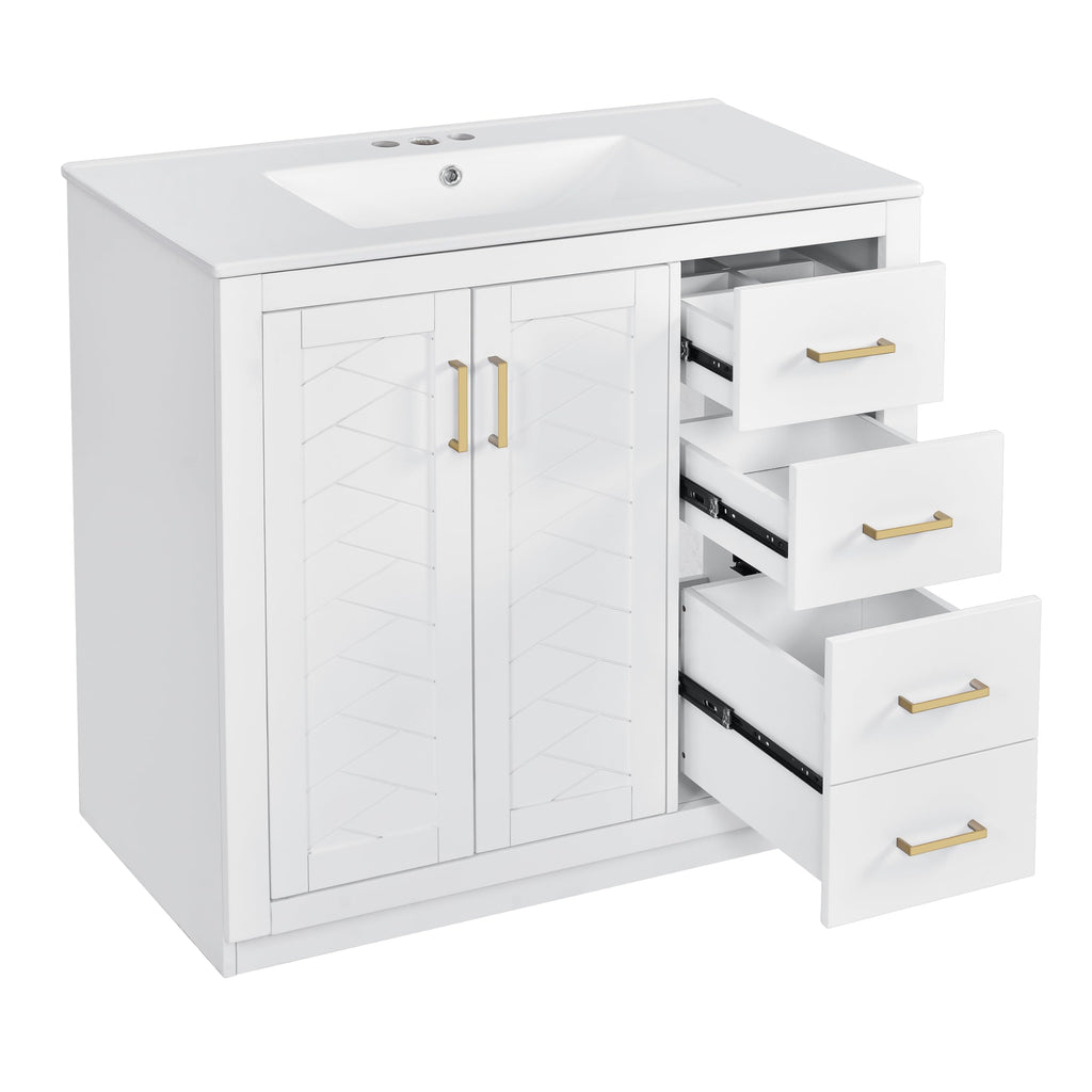 36 Inch White Bathroom Vanity with Sink & Gold Handles, Light Luxury