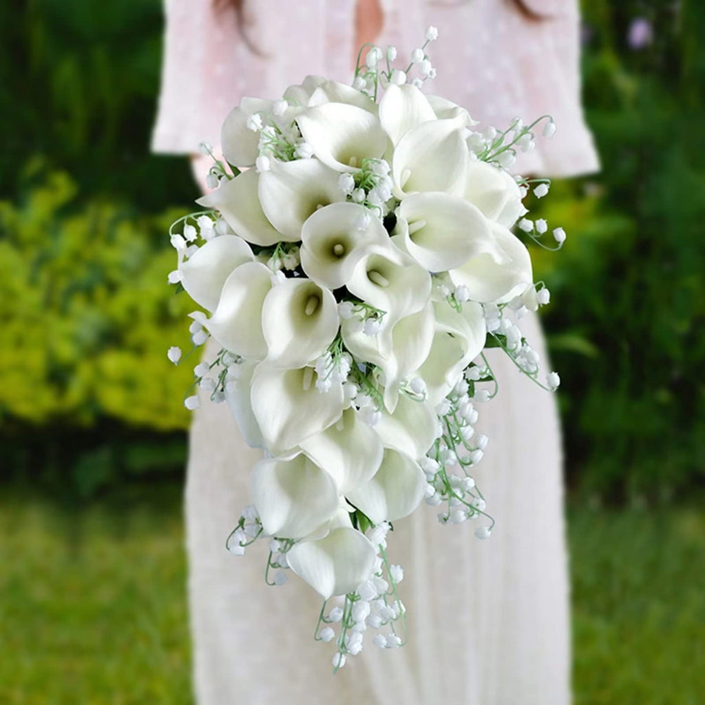 Cascading White Calla Lily Artificial Lily of The Valley Bridal Bouquet - Waterfall Wedding Bouquet for Bride