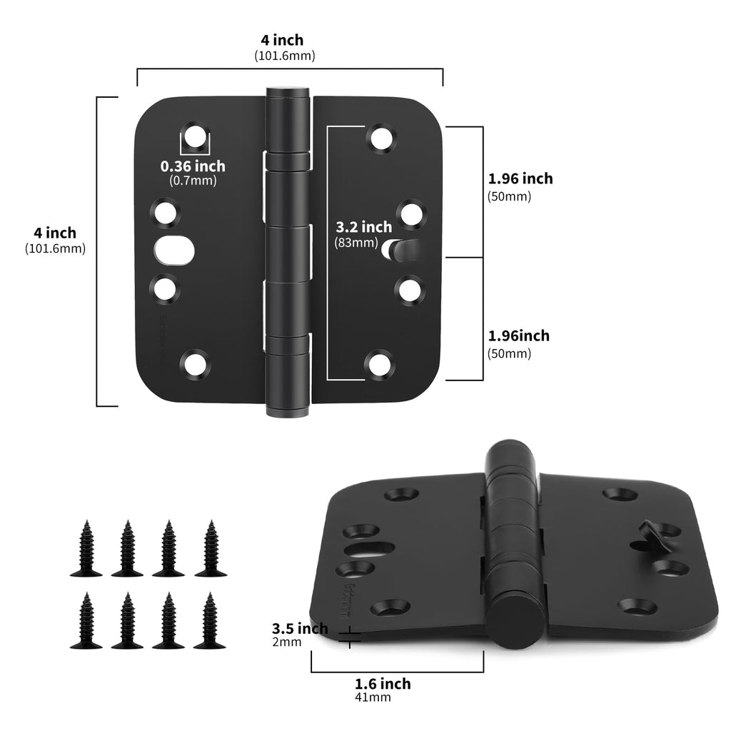 6 Pack Black Security Door Hinges 4 Inch with 5/8" Radius Corner