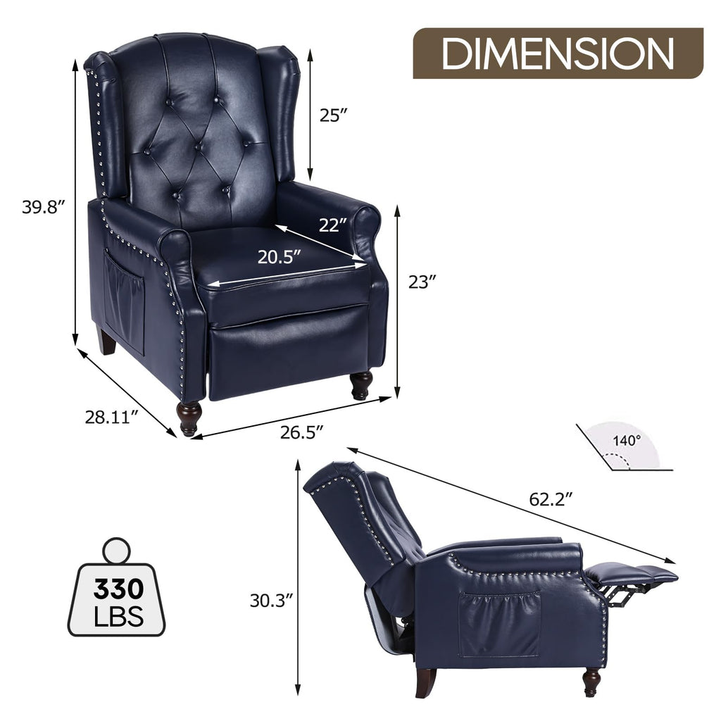 Wingback Recliner Chair, Push Back Arm Chair (1, Navy Blue)