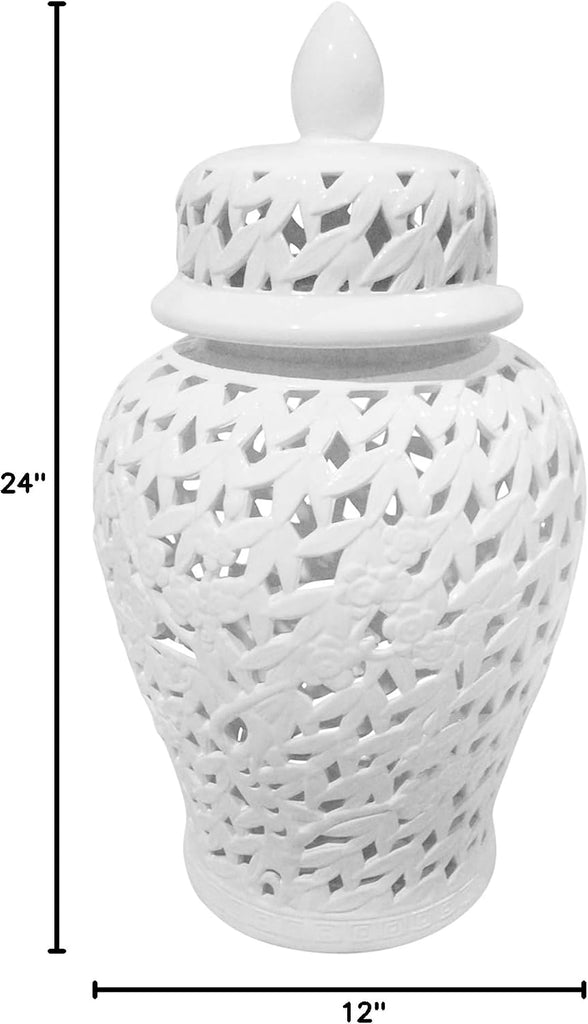 Pierced Lattice Ginger Jar with Lid - Hand-Painted Stoneware Ceramic Decorative Vase Decor - Modern Centerpiece