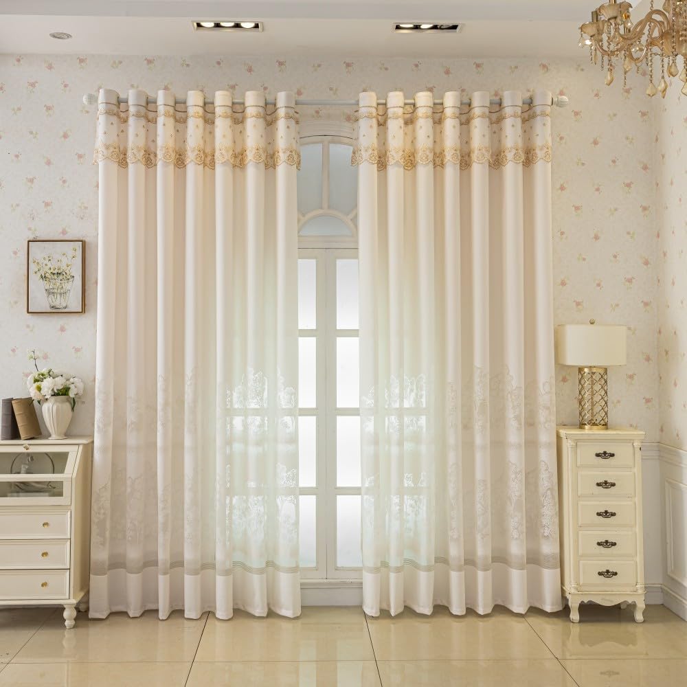 1 Pair European Luxury Embroidered Sheer Curtains with Lace Valance - Elegant Decorative Tulle Curtains Home Interior