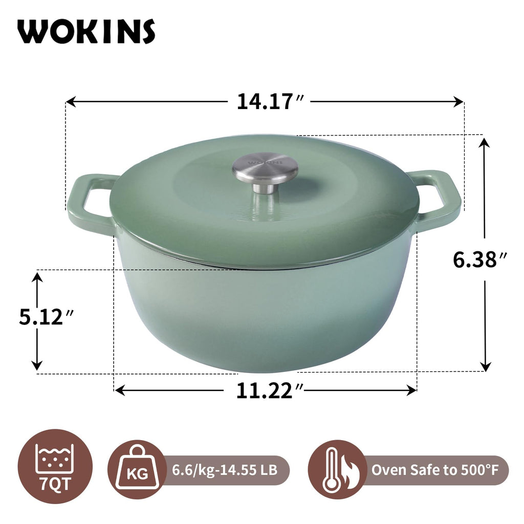 7QT Enameled Cast Iron Dutch Oven,Concave Self-Basting Lid,Green