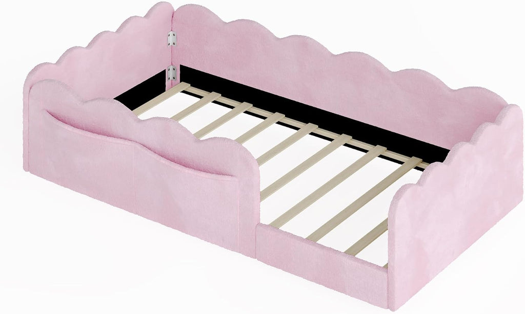 Upholstered Floor Bed with Guardrail, Montessori Kids Bed Frame with Round Fence, Pink