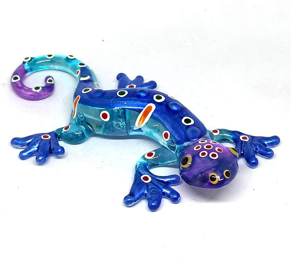 Glass Gecko Figurine Blue Miniature Hand Blown Lampwork Animal Statue Decor